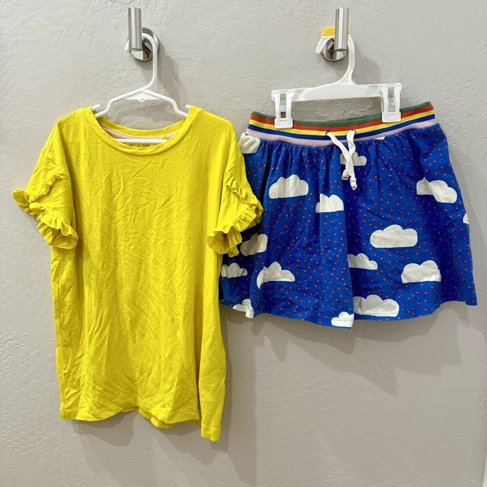 Mini Boden Yellow Ruffle Sleeve Shirt & Cloud Skort Outfit
